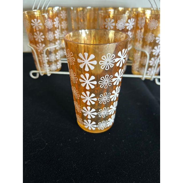 1950s Mid-Century Jeannette Glass Marigold Floral Tumblers With Metal Carry Tray - Set of 8 For Sale - Image 5 of 7