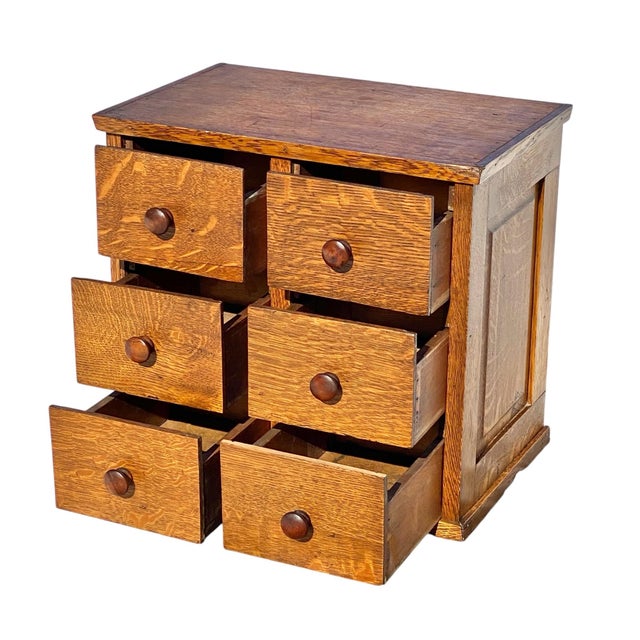 Antique 6 Drawer Tiger Oak Desktop File Cabinet / Card Catalog Cabinet For Sale - Image 4 of 11