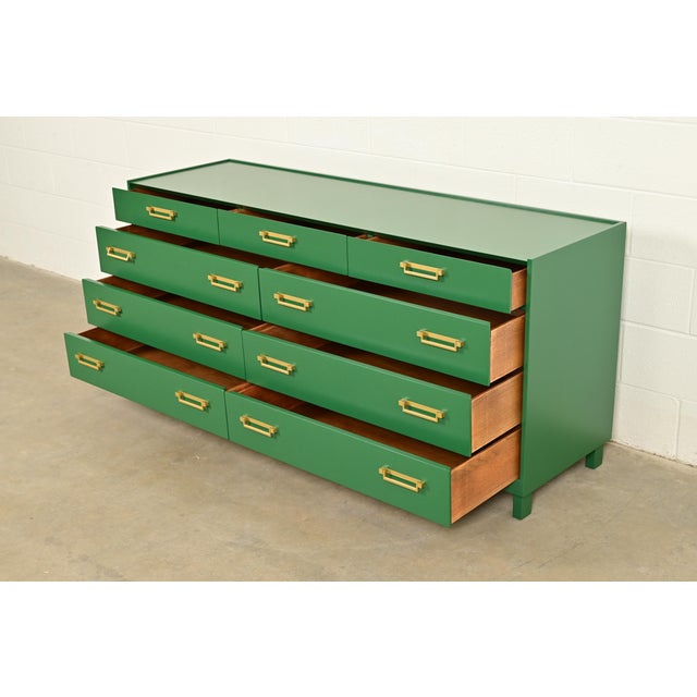 Michael Taylor for Baker Furniture Mid-Century Hollywood Regency Green Lacquered Campaign Dresser, Newly Refinished For Sale In South Bend - Image 6 of 15
