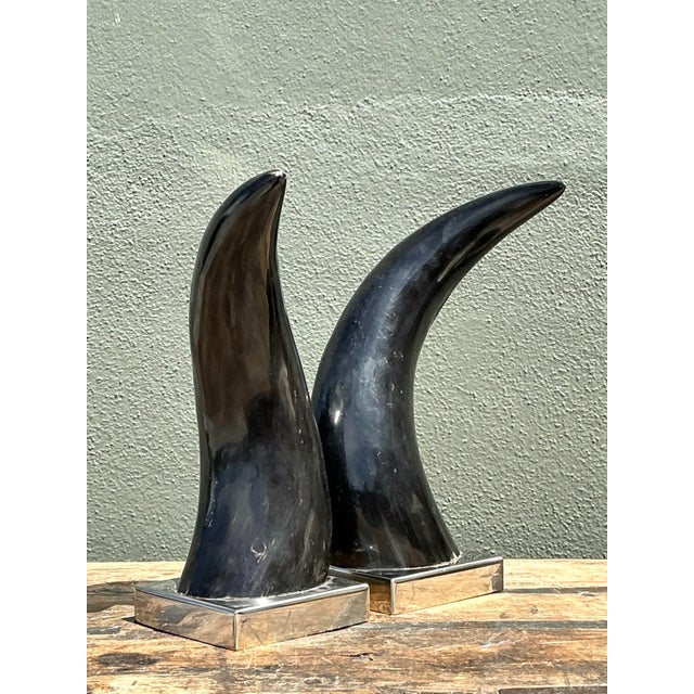 Mid-Century Modern Vintage Natural Horns on Chrome Plinths - Set of 2 For Sale - Image 3 of 12
