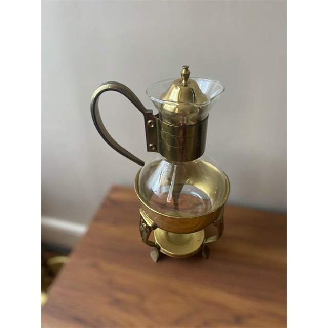 Victorian Vintage Glass Carafe Coffee Pot & Brass Warmer Stand For Sale - Image 3 of 11