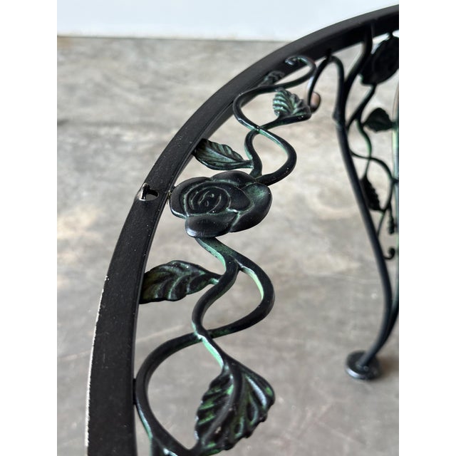Black Wrought Iron Rose Patio Coffee Table With Round Glass Top by Woodard, Mid-20th Century For Sale - Image 12 of 14