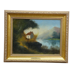 Antique Stanley DeGraff Cottage Lake House Sailboat Landscape Oil Painting 16"