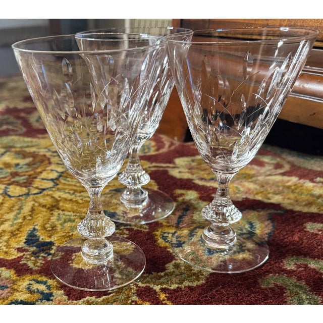 American Mid 20th Century Duncan & Miller Willow Crystal Wine Glasses – Starter Set of 3, Elegant Etched Stemware For Sale - Image 3 of 10