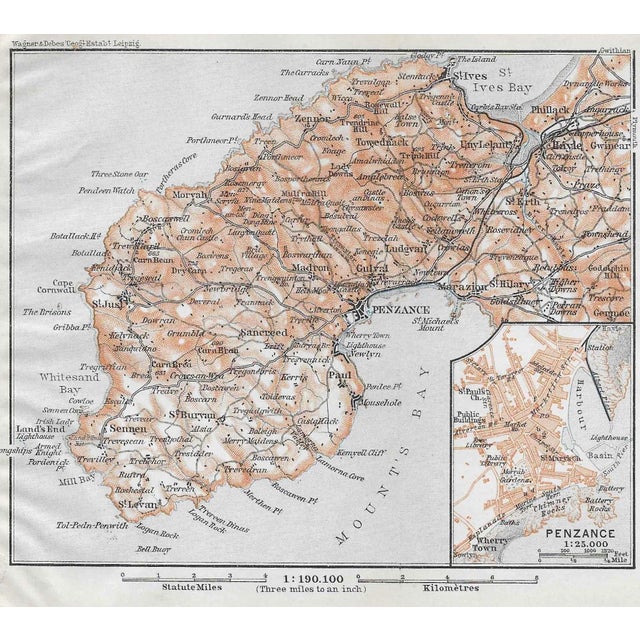 English Antique Map of Penzance Cornwall England For Sale - Image 3 of 3