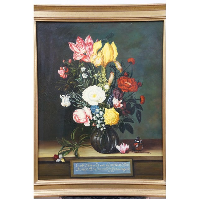 Late 20th Century Late 20th Century Bouquet of Flowers in a Glass Vase Oil Painting After Ambrosius Bosschaert 23" For Sale - Image 5 of 12