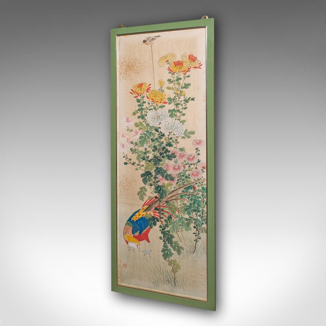 Art Deco 4' Tall Vintage Wall Panel, Oriental, Watercolour on Silk, Framed Art, Art Deco For Sale - Image 3 of 12