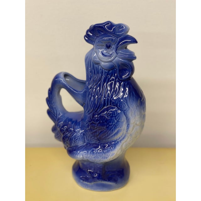 Mid 20th Century Vintage Mid 20th Century Blue Pottery Glazed Rooster Pitcher For Sale - Image 5 of 5