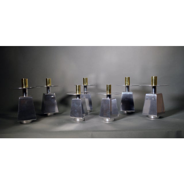 Seven (7) Chrome & Brass Mid-Century Candlesticks For Sale - Image 10 of 12