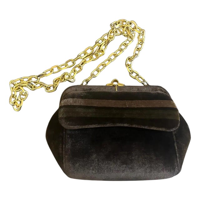 1970s Vintage Brown Velvet and Gilded Metal Italian Crossbody Bag For Sale