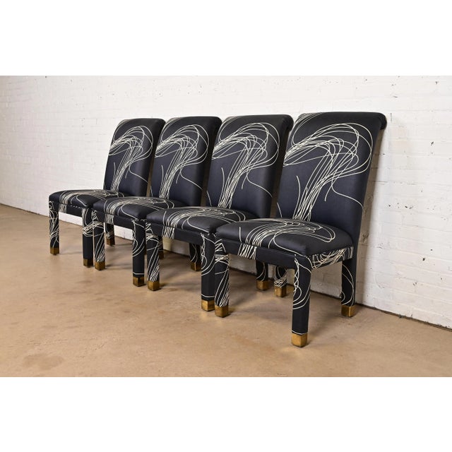 Mid-Century Modern Karl Springer Style Modern Parsons Upholstered Dining Chairs, Set of Four For Sale - Image 3 of 11