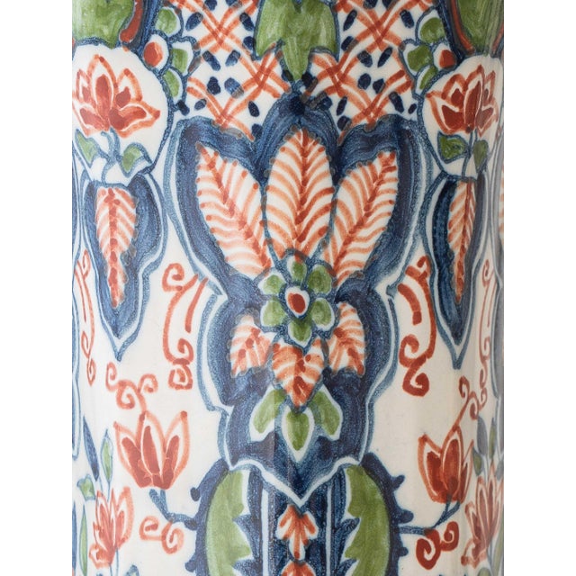 Dutch Delft Table Lamps with New Olive Velvet Drum Lampshades by Makkum, 1940s, Set of 2 For Sale - Image 14 of 17