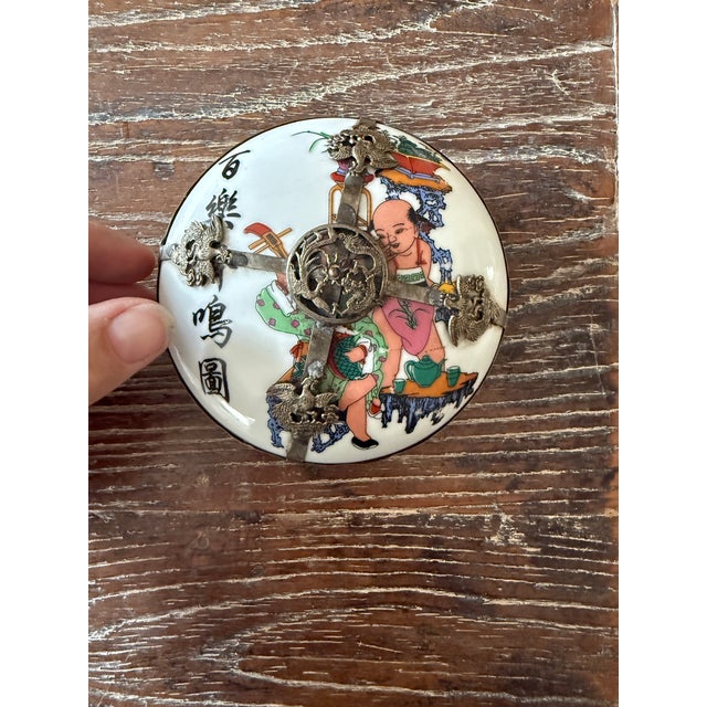 Chinoiserie Antique Chinese Porcelain Erotic Trinket Box With Dragon Metal Mount For Sale - Image 3 of 11