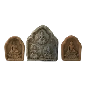 Set of 3 Small Chinese Oriental Clay Buddhas Theme Plaque Display