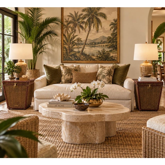 Distinctive pair of vintage trunk-style side tables by Baker Furniture’s Milling Road collection, featuring woven rattan...