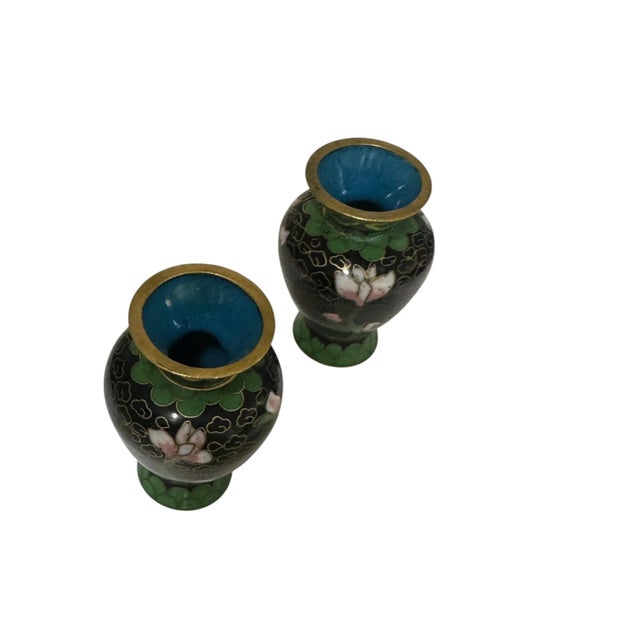 Pair of miniature cloisonné vases — exquisitely detailed despite their petite size. Each features vibrant enamel colors...