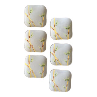 Mid 20th Century Weil Ware California 5.75 Inch Square Plates Hand Decorated Bamboo Pottery - Set of 6 For Sale