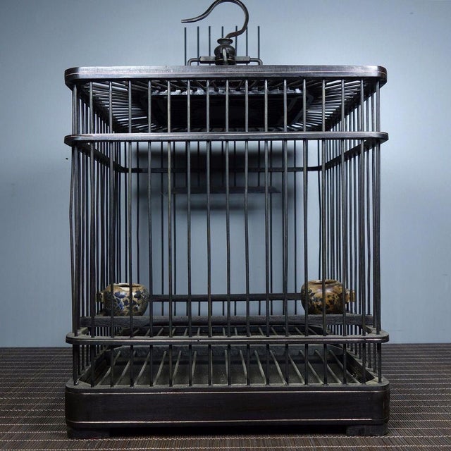 Vintage Chinese Ebony Wood Bird Cage With Brass Inlay and Porcelain Feeders For Sale - Image 4 of 8