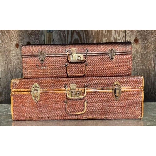 Vintage Pair of Bamboo and Woven Rattan Travel Trunks For Sale In West Palm - Image 6 of 7