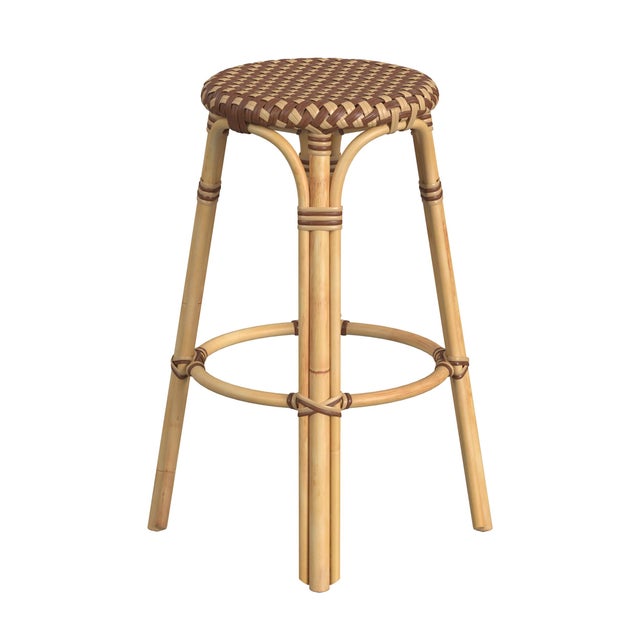 2020s Tobias 30 in. Seat Height Round Rattan Backless Bar Stool, Brown/Tan Dot / Natural Rattan Frame For Sale - Image 5 of 8