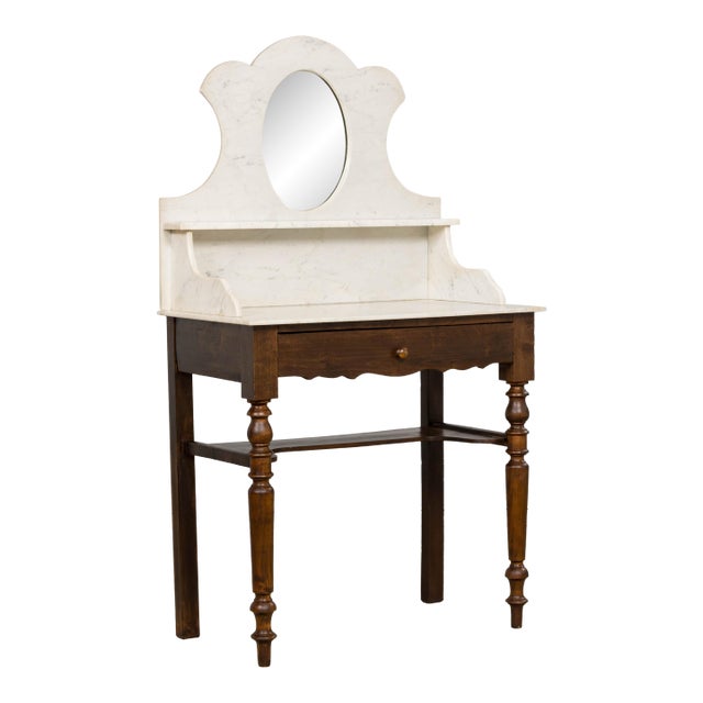 Antique French Provincial Louis Philippe Style Maple Vanity W/ Carrara Marble For Sale