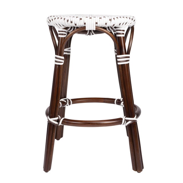 2020s Tobias 24 in. Seat Height Round Rattan Backless Counter Stool, White/Brown Dot / Dark Brown Rattan Frame For Sale - Image 5 of 9