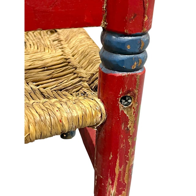 Vintage Set of 2 Hand-Painted Rancho Monterey Mexican Folk Art Children’s Ladderback Chairs With Rush Seats For Sale - Image 11 of 14