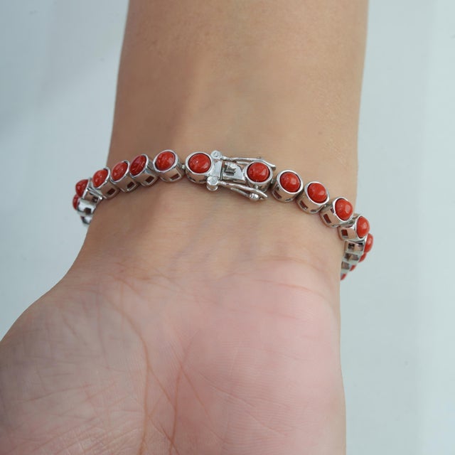 Carat&Her Natural 10.57 Ct Red Coral Cabochon Tennis Bracelet in 925 Sterling Silver For Sale - Image 4 of 13