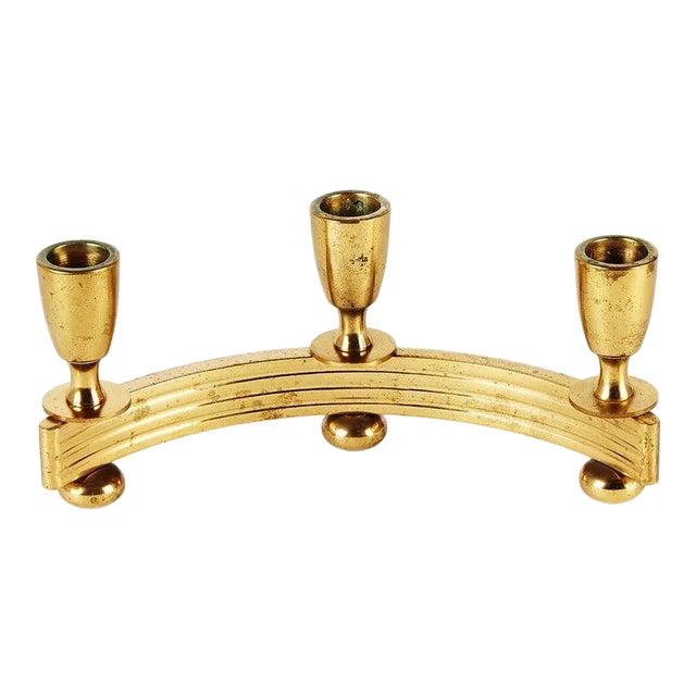1950s Brass Crescent 3 Candle Candelabra For Sale