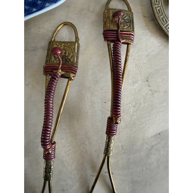Vintage Brass Salad Servers With Red Wire Wrapped Handles Boho Tableware For Sale - Image 4 of 9