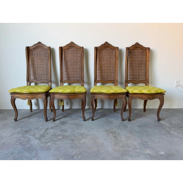French Provincial Vintage French Country Louis XV–Style Carved Wood Dining Chairs With Cane Backs — Set of 4 For Sale - Image 3 of 12