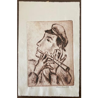 Boris Deutsch, Shtetl Village Doodka Player Judaica Jewish California Modernist Artist Etching, 1970 For Sale