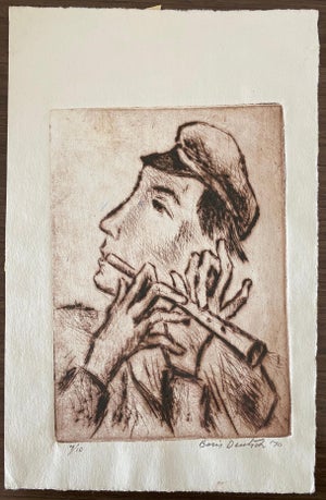 Boris Deutsch, Shtetl Village Doodka Player Judaica Jewish California Modernist Artist Etching, 1970