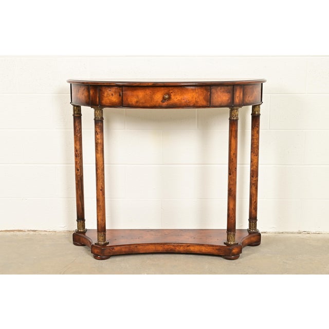 Maitland Smith Style French Empire Burl Wood and Gold Gilt Demilune Console Table For Sale - Image 16 of 16