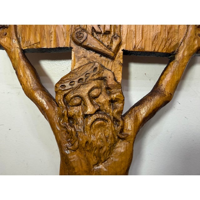 Big Vintage Hand Carved Wood Folk Art Religious Jesus Crucified Cross Sculpture For Sale - Image 9 of 15