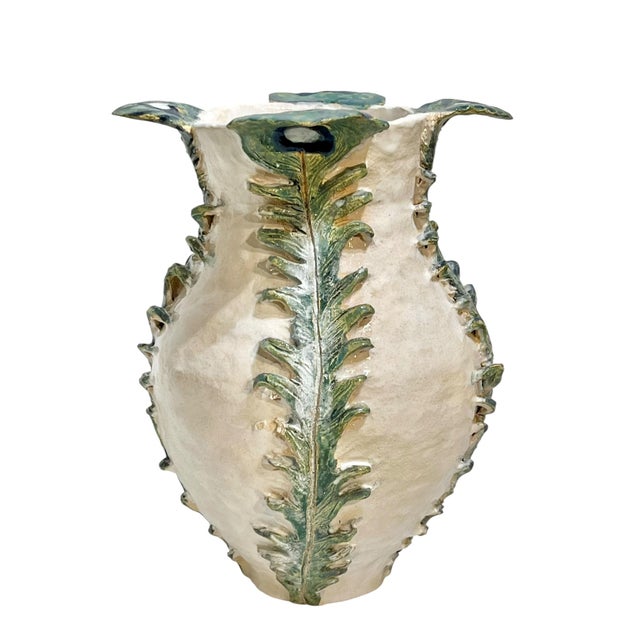 Ceramic Vintage Italian Earthenware Vase With Stylized Peacock Feather Design For Sale - Image 7 of 15
