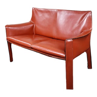 Mario Bellini for Cassina 'Cab' Model 414 Red Leather Two-Seater Sofa For Sale