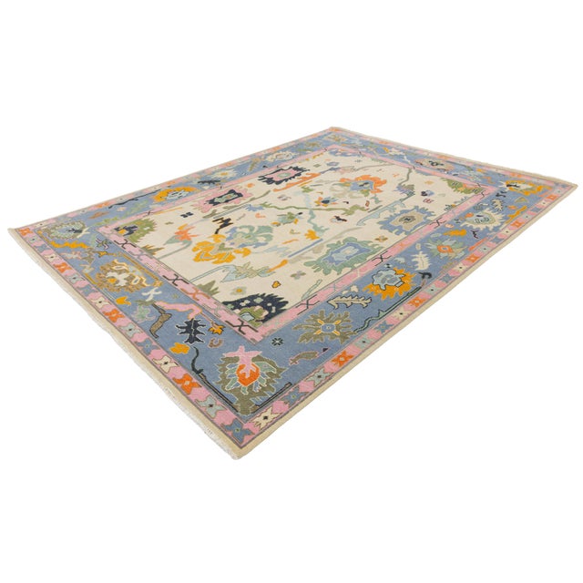 Contemporary Hand-Knotted Oushak Style Wool Rug in Ivory, Soft Blue, & Pastel For Sale - Image 12 of 12