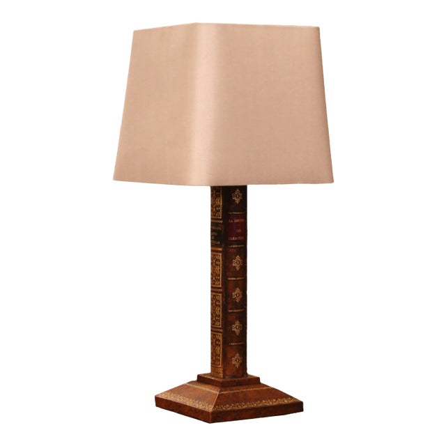 Mid-Century French Leather Faux Book Table Lamp With Shade For Sale