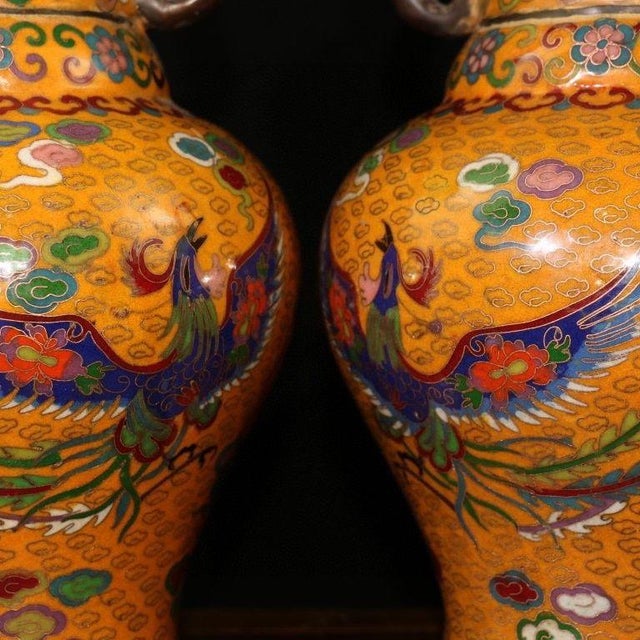 Chinese Pair of Chinese Cloisonné Vases | Dragon & Phoenix Motif With Elephant Handles For Sale - Image 3 of 8