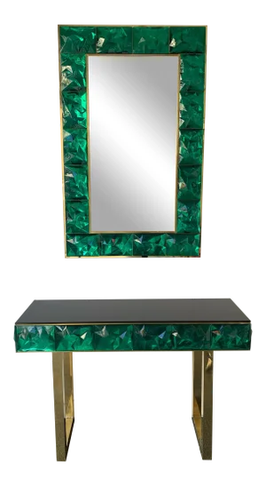 Contemporary Brass Mirror Console with Green Murano Glass, Italy