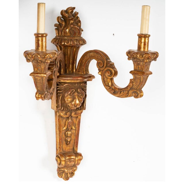 Pair of 18th C Style Italian Giltwood Regency Light Wall Sconces.
