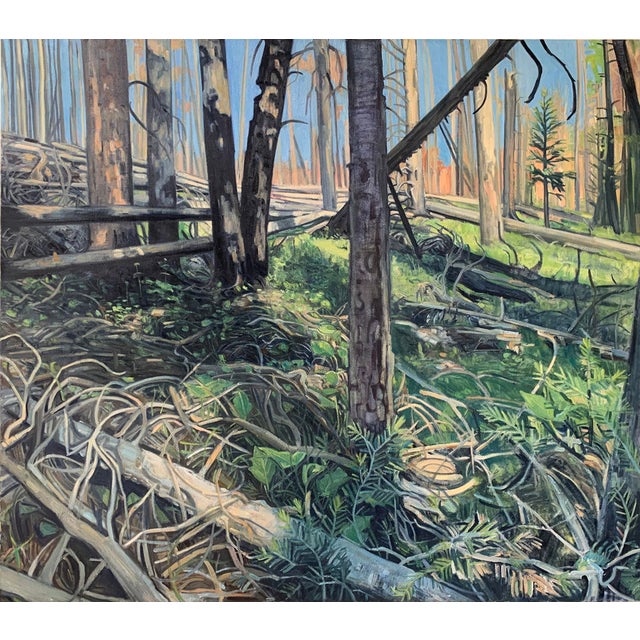 The artwork depicts a vibrant forest scene, showcasing the interplay of light and shadow among fallen trees and lush...