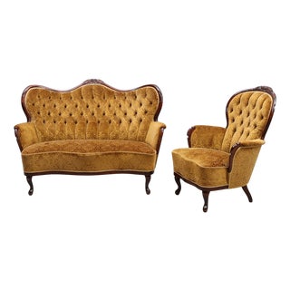 Rococo-Style Sofa and Chair in Plush, 1930s, Set of 2 For Sale