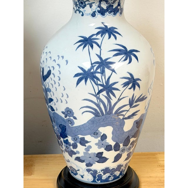 Chinese Pair Chinese Canton Style Blue and White Palm Tree Porcelain Vases, Now as Lamps For Sale - Image 3 of 10