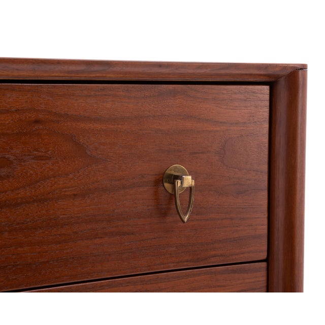 T.H. Robsjohn Gibbings Widdicomb Walnut Five Drawer Chest Klismos Leg Book Matched For Sale - Image 9 of 13