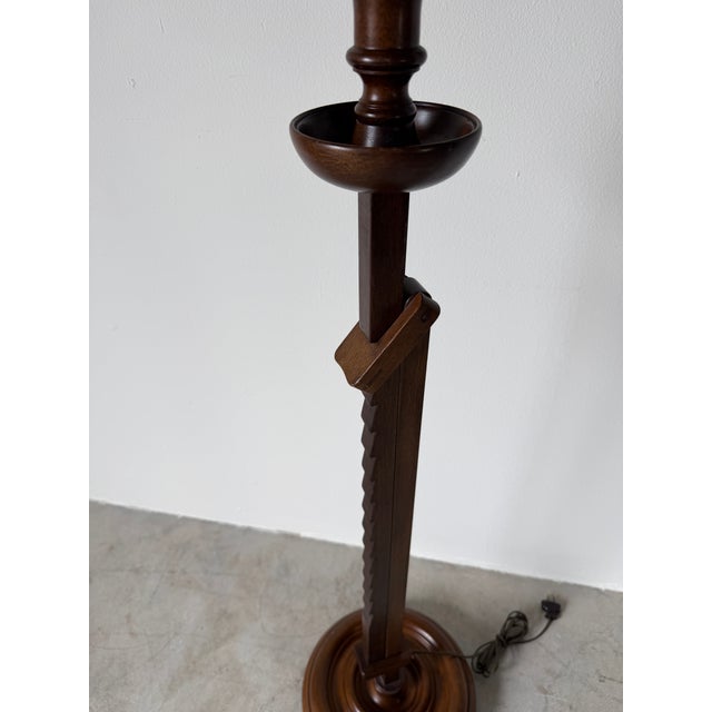 Brown Vintage Adjustable Ratchet Wood Floor Lamp With Tiffany-Style Stained Glass Shade For Sale - Image 8 of 12