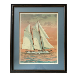 Vintage Artists Proof Nautical Lithograph of a Schooner Sailboat at Sunset