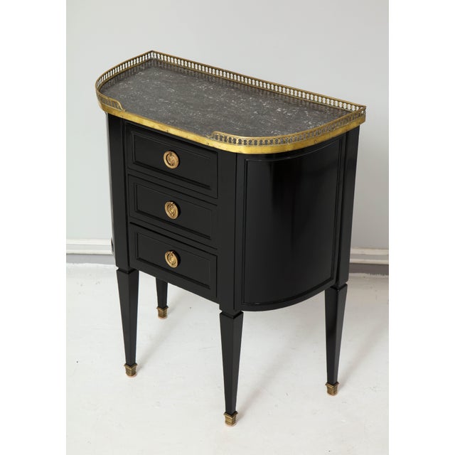 Wood Pair of Ebonized French Marble-Top Petite Commodes With Brass Gallery For Sale - Image 7 of 13
