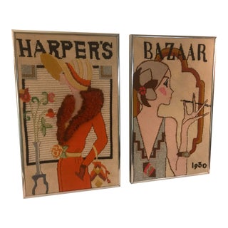 1970’s Vintage Needlepoint Art Deco Harper’s Bazaar Wall Art - a Pair For Sale